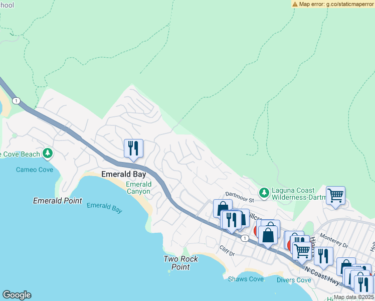 map of restaurants, bars, coffee shops, grocery stores, and more near 523 Emerald Bay in Laguna Beach