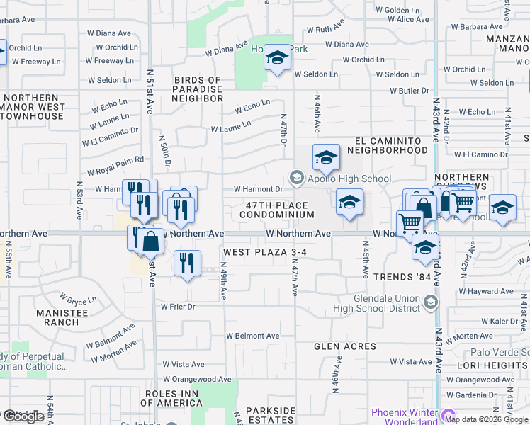 map of restaurants, bars, coffee shops, grocery stores, and more near 4801 West Loma Lane in Glendale