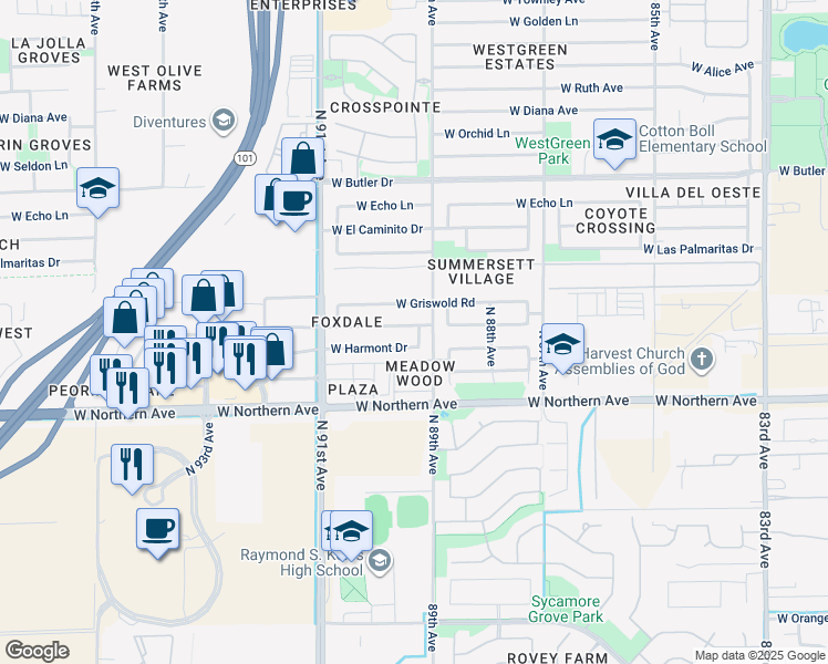map of restaurants, bars, coffee shops, grocery stores, and more near 8101 North 89th Drive in Peoria