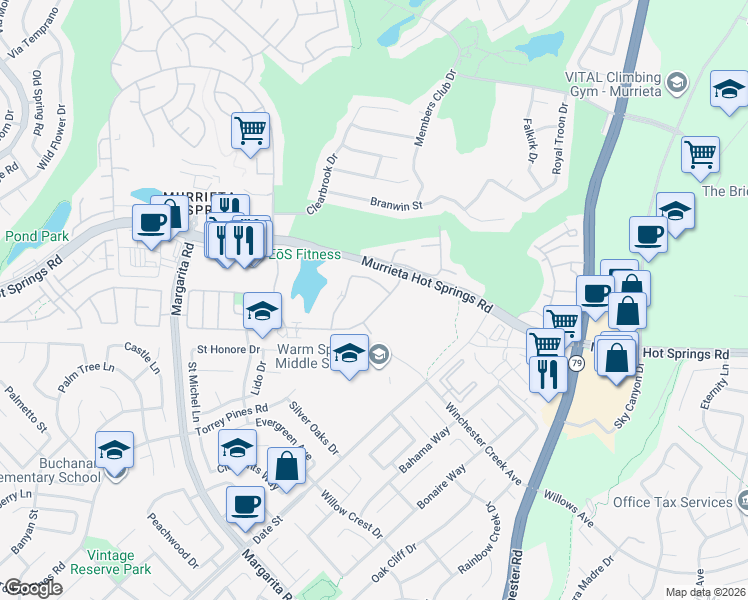 map of restaurants, bars, coffee shops, grocery stores, and more near 28919 Calle Del Lago in Murrieta