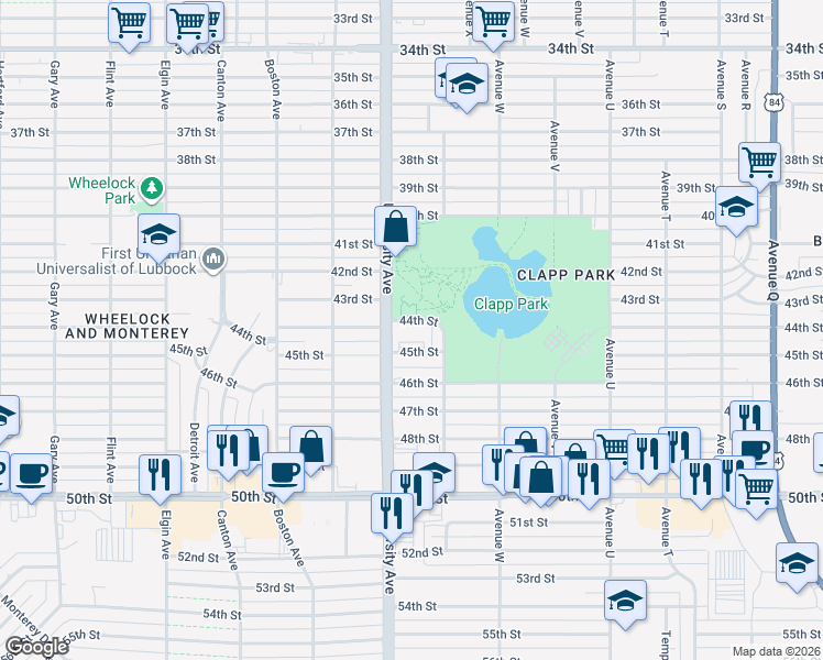 map of restaurants, bars, coffee shops, grocery stores, and more near 2400 44th Street in Lubbock