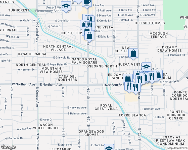 map of restaurants, bars, coffee shops, grocery stores, and more near 750 East Northern Avenue in Phoenix