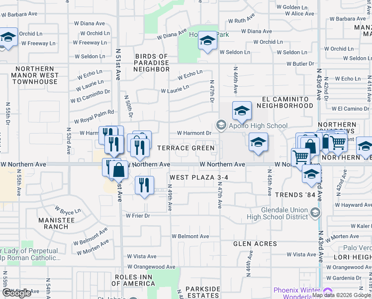 map of restaurants, bars, coffee shops, grocery stores, and more near 4801 West Loma Lane in Glendale