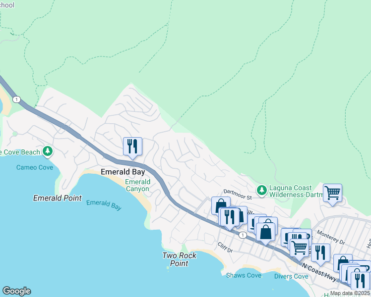 map of restaurants, bars, coffee shops, grocery stores, and more near 523 Emerald Bay in Laguna Beach