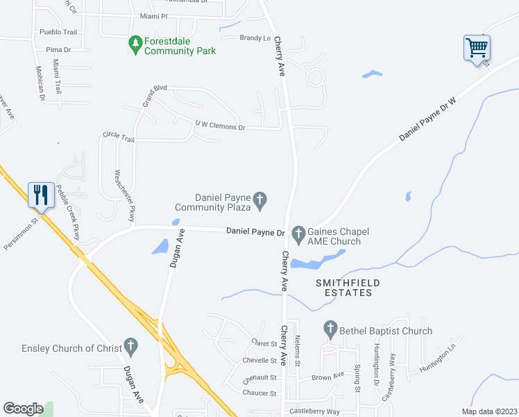map of restaurants, bars, coffee shops, grocery stores, and more near 1500 Daniel Payne Drive in Birmingham