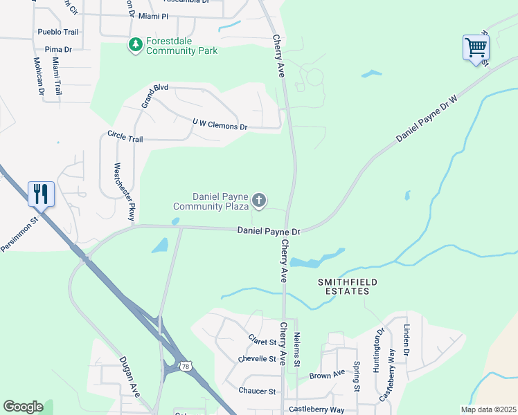 map of restaurants, bars, coffee shops, grocery stores, and more near 1500 Daniel Payne Drive in Birmingham