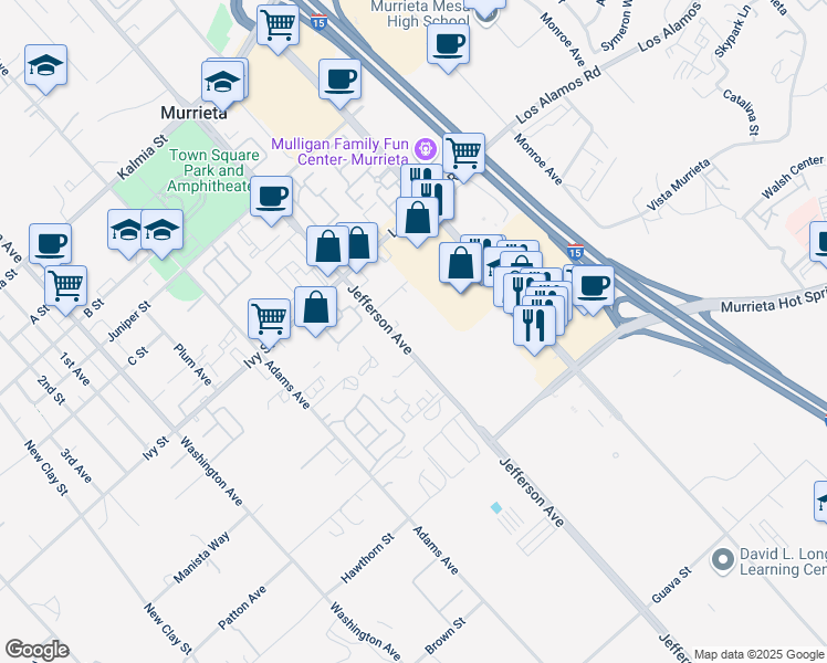 map of restaurants, bars, coffee shops, grocery stores, and more near 25150 Jefferson Avenue in Murrieta