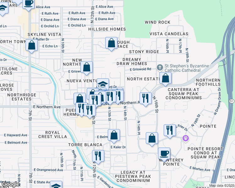map of restaurants, bars, coffee shops, grocery stores, and more near 1350 East Northern Avenue in Phoenix