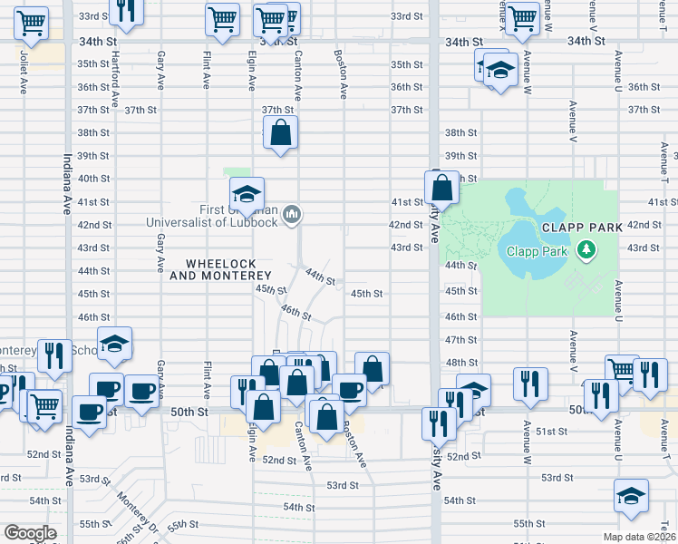 map of restaurants, bars, coffee shops, grocery stores, and more near 2703 44th Street in Lubbock