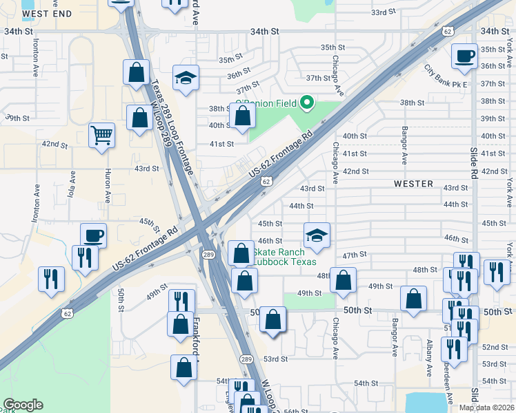 map of restaurants, bars, coffee shops, grocery stores, and more near 5710 45th Street in Lubbock