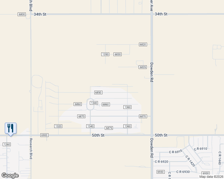 map of restaurants, bars, coffee shops, grocery stores, and more near 8926 County Road 6860 in Lubbock