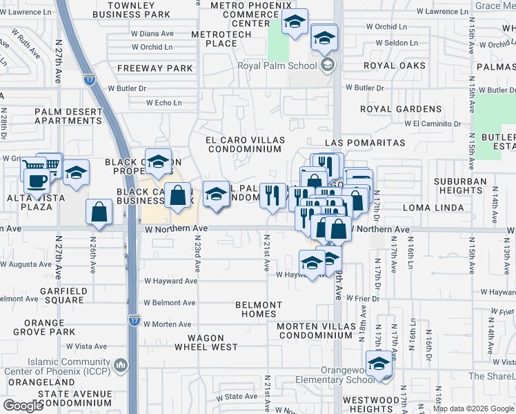map of restaurants, bars, coffee shops, grocery stores, and more near 2120 West Northern Avenue in Phoenix