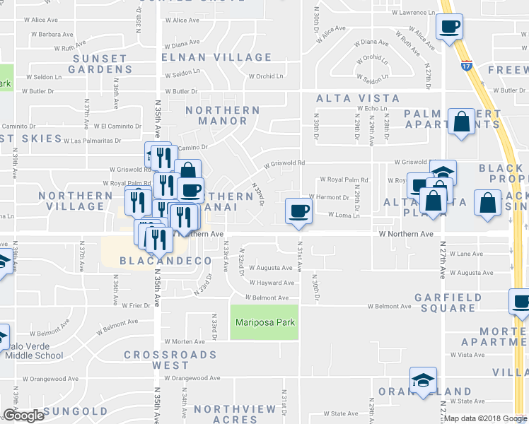 map of restaurants, bars, coffee shops, grocery stores, and more near 8004 North 32nd Drive in Phoenix