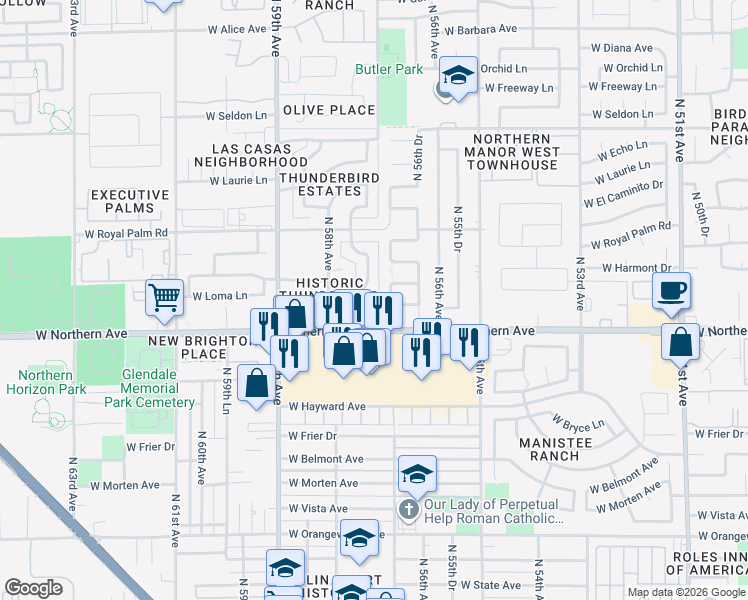map of restaurants, bars, coffee shops, grocery stores, and more near 5702 West Northern Avenue in Glendale