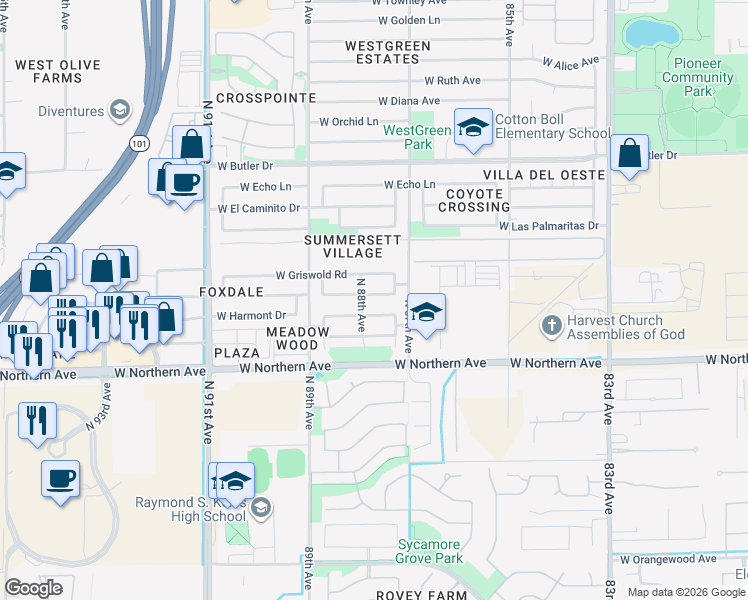 map of restaurants, bars, coffee shops, grocery stores, and more near 8757 West Manzanita Drive in Peoria