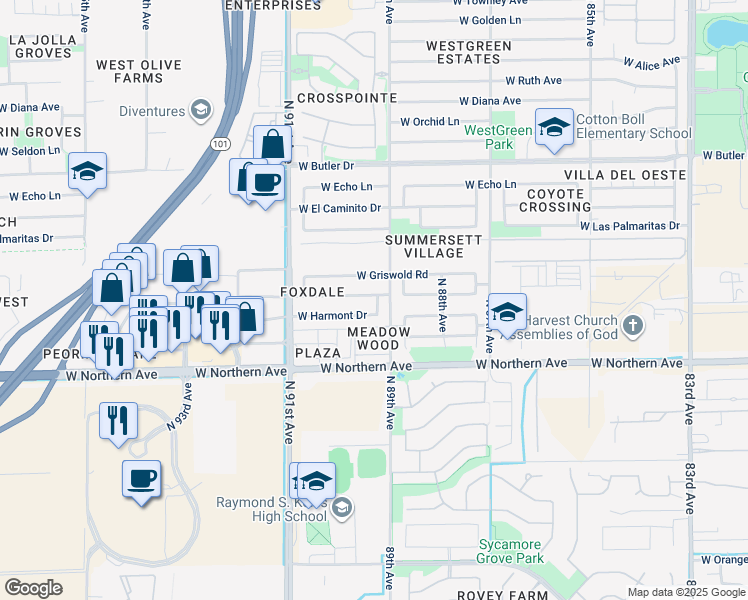map of restaurants, bars, coffee shops, grocery stores, and more near 8101 North 89th Drive in Peoria