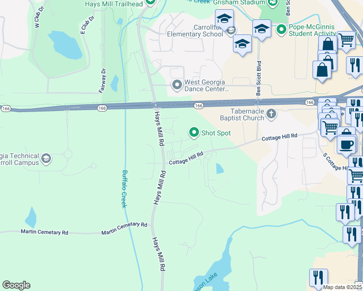map of restaurants, bars, coffee shops, grocery stores, and more near 970 Hays Mill Road in Carrollton