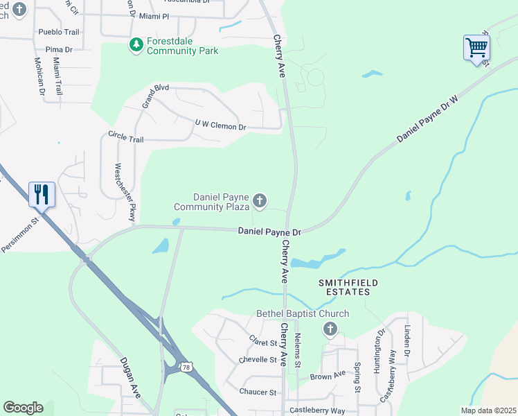 map of restaurants, bars, coffee shops, grocery stores, and more near 1500 Daniel Payne Drive in Birmingham