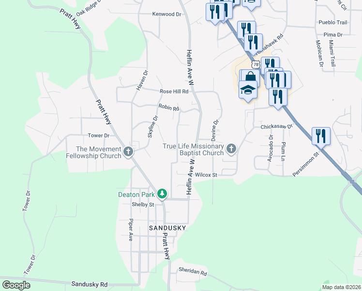 map of restaurants, bars, coffee shops, grocery stores, and more near 1128 Heflin Avenue West in Birmingham