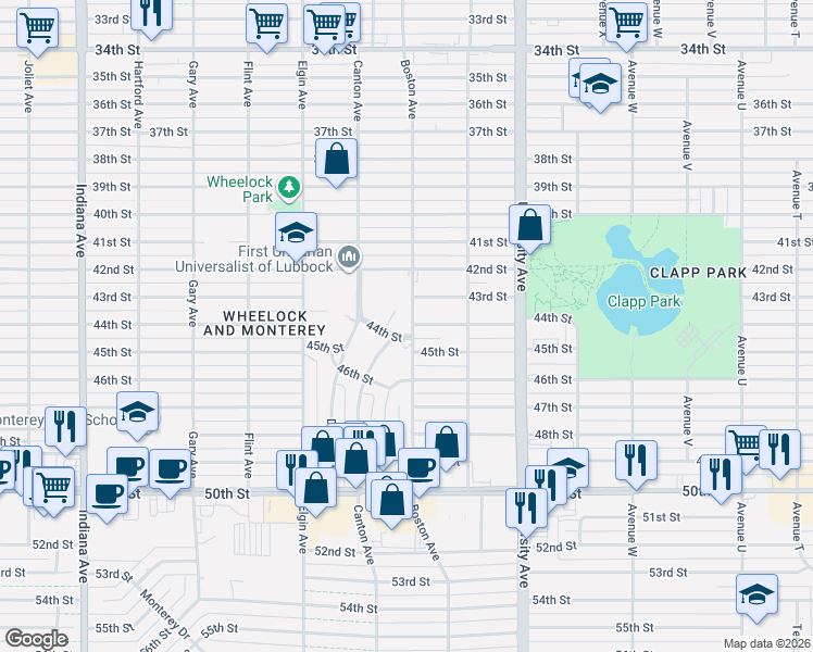 map of restaurants, bars, coffee shops, grocery stores, and more near 2703 44th Street in Lubbock