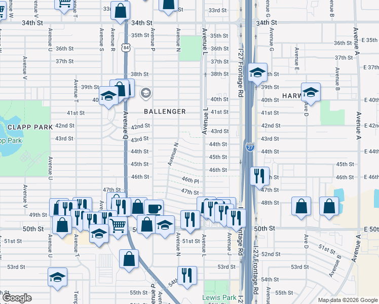 map of restaurants, bars, coffee shops, grocery stores, and more near 1314 46th Street in Lubbock