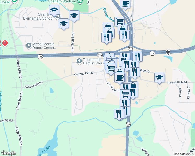 map of restaurants, bars, coffee shops, grocery stores, and more near 140 Cottage Hill Road in Carrollton