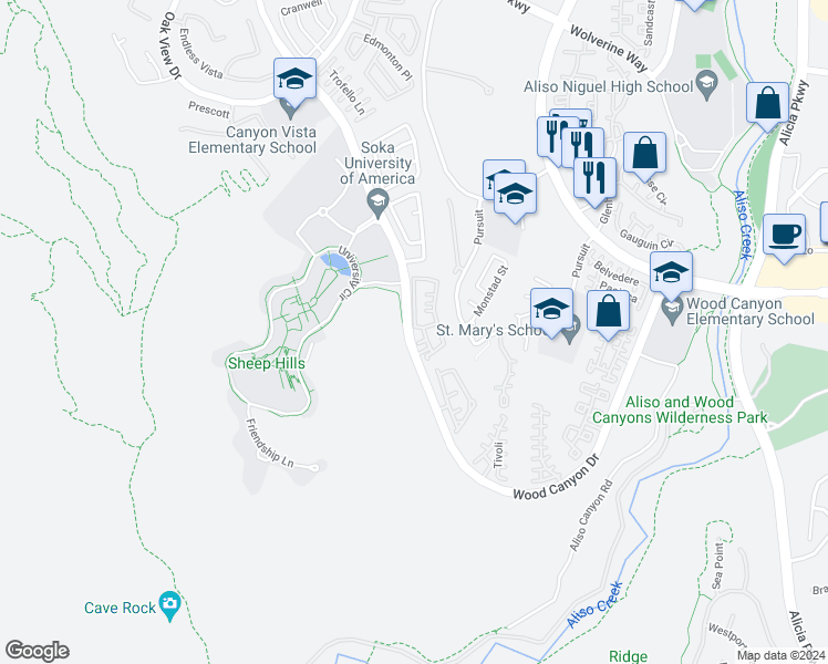 map of restaurants, bars, coffee shops, grocery stores, and more near Diamant Way in Aliso Viejo