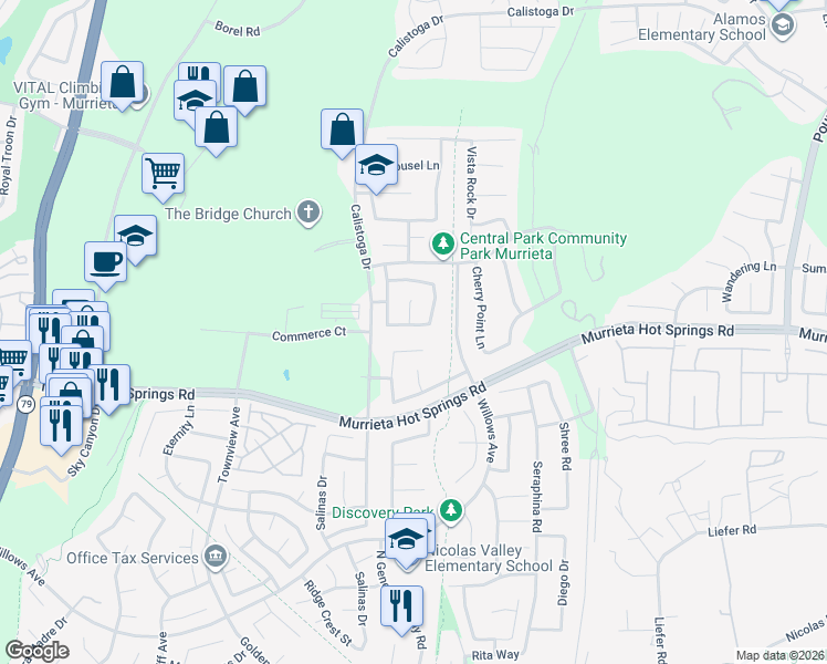 map of restaurants, bars, coffee shops, grocery stores, and more near 30525 Los Gatos Drive in Murrieta
