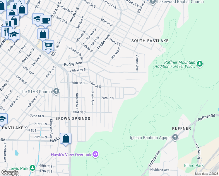 map of restaurants, bars, coffee shops, grocery stores, and more near 7413 Rome Avenue in Birmingham
