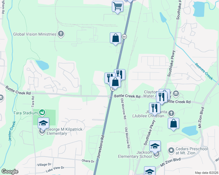 map of restaurants, bars, coffee shops, grocery stores, and more near 7363 Jonesboro Road in Morrow