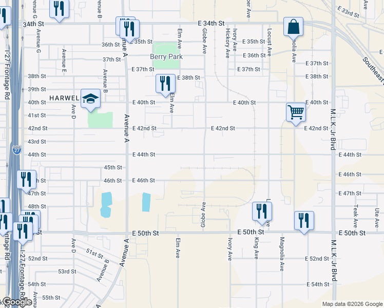 map of restaurants, bars, coffee shops, grocery stores, and more near 501 E 44th St in Lubbock