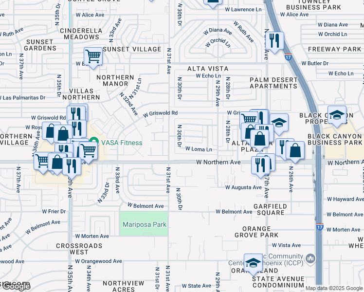 map of restaurants, bars, coffee shops, grocery stores, and more near 8102 North 30th Drive in Phoenix