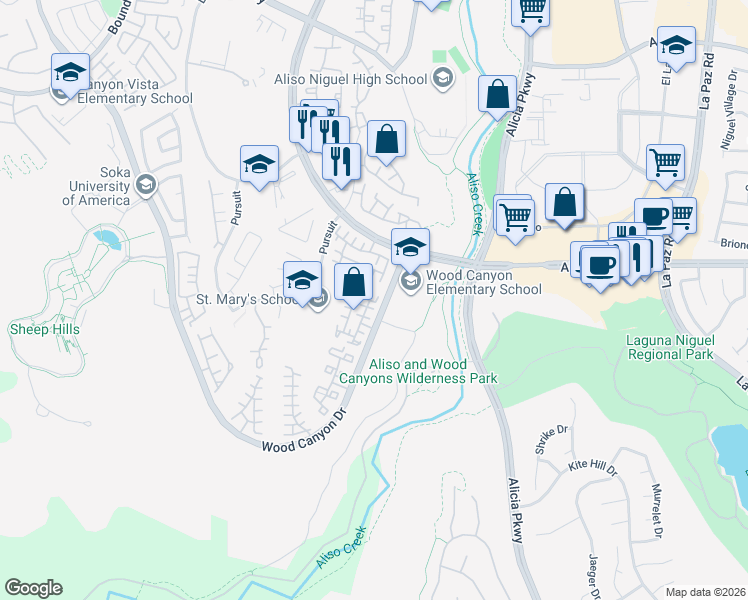 map of restaurants, bars, coffee shops, grocery stores, and more near 46 Las Flores in Aliso Viejo