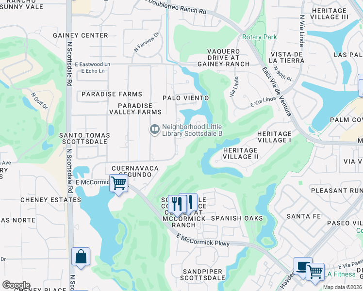 map of restaurants, bars, coffee shops, grocery stores, and more near 7602 East Vía Del Placito in Scottsdale