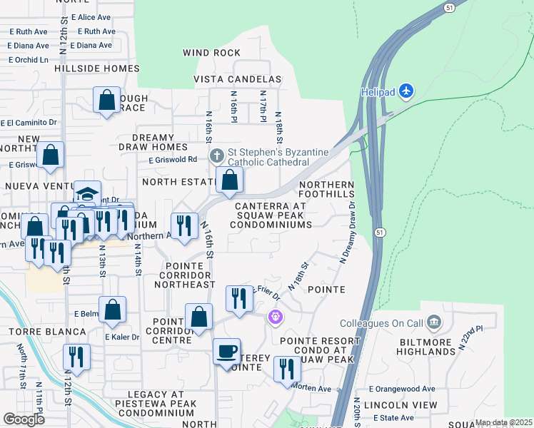 map of restaurants, bars, coffee shops, grocery stores, and more near 1747 East Northern Avenue in Phoenix