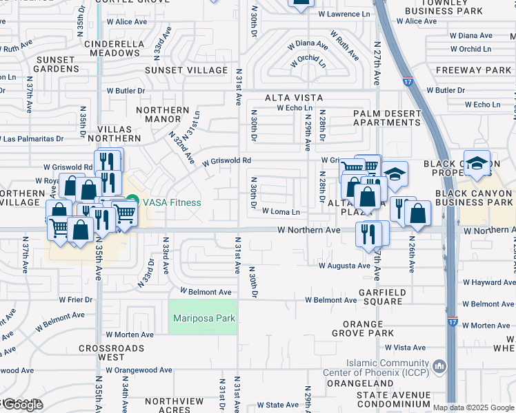 map of restaurants, bars, coffee shops, grocery stores, and more near 8102 North 30th Drive in Phoenix