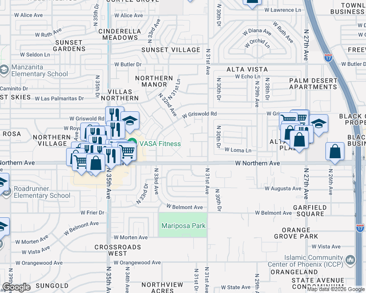 map of restaurants, bars, coffee shops, grocery stores, and more near 8056 North 32nd Drive in Phoenix