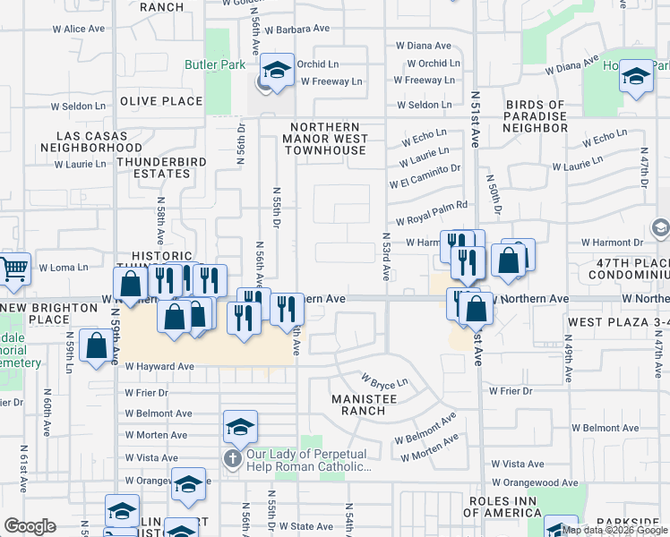 map of restaurants, bars, coffee shops, grocery stores, and more near 8001-8249 N 55th Ave in Glendale