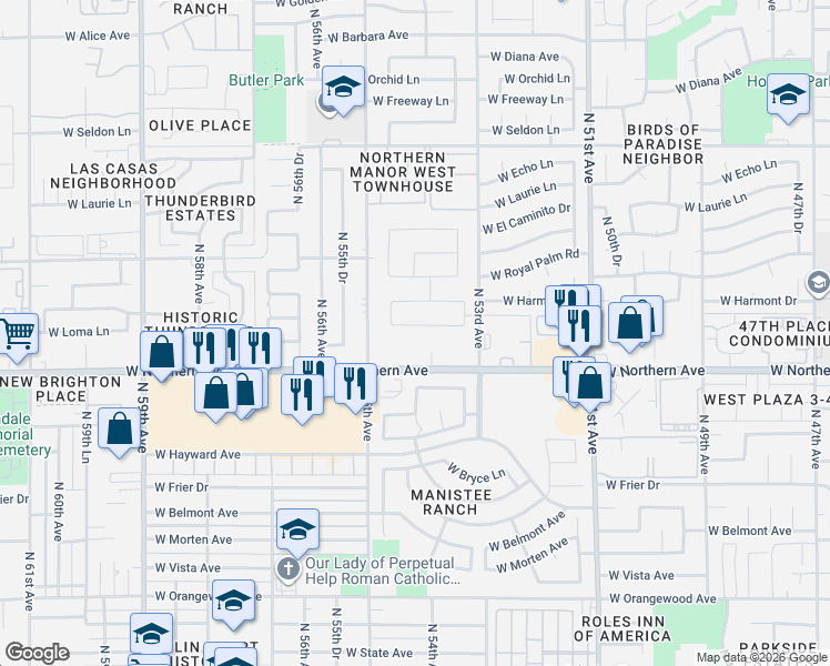 map of restaurants, bars, coffee shops, grocery stores, and more near 8001-8249 N 55th Ave in Glendale