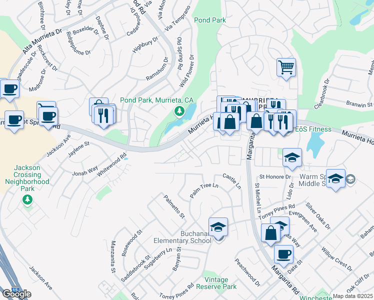 map of restaurants, bars, coffee shops, grocery stores, and more near 26130 Williams Way in Murrieta