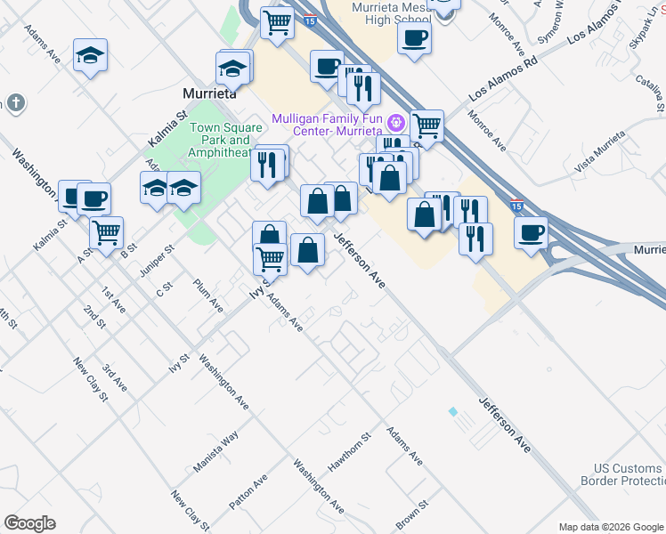 map of restaurants, bars, coffee shops, grocery stores, and more near 25086 Jefferson Avenue in Murrieta