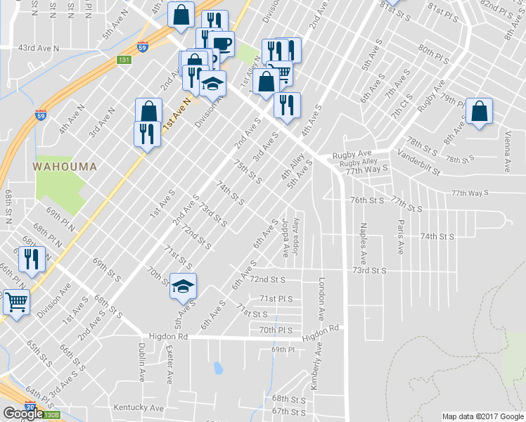 map of restaurants, bars, coffee shops, grocery stores, and more near 7404 5th Avenue South in Birmingham