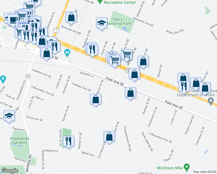 map of restaurants, bars, coffee shops, grocery stores, and more near 201 Williamsburg Street Southeast in Aiken