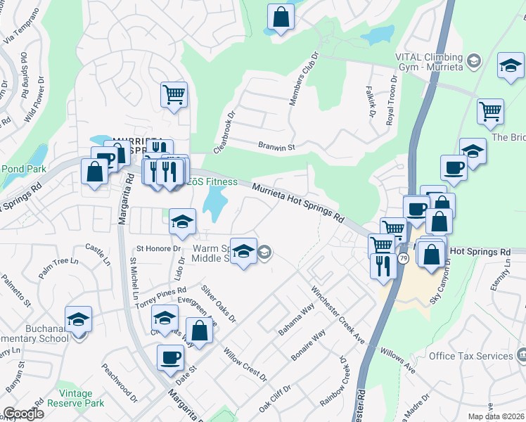 map of restaurants, bars, coffee shops, grocery stores, and more near 28926 Calle Del Lago in Murrieta