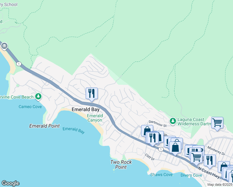 map of restaurants, bars, coffee shops, grocery stores, and more near 349 Emerald Bay in Laguna Beach