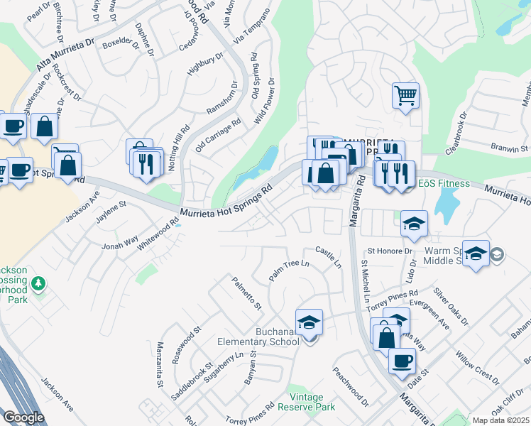 map of restaurants, bars, coffee shops, grocery stores, and more near 26154 Williams Way in Murrieta