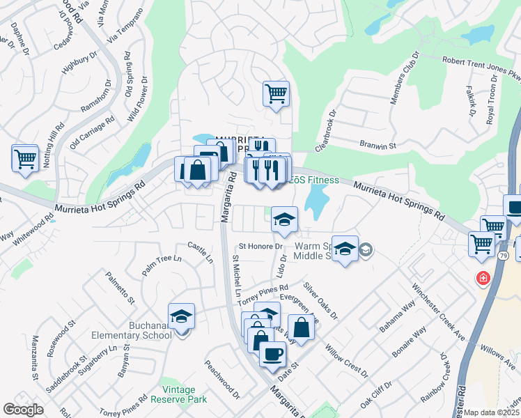 map of restaurants, bars, coffee shops, grocery stores, and more near 26191 Cypress Union Lane in Murrieta