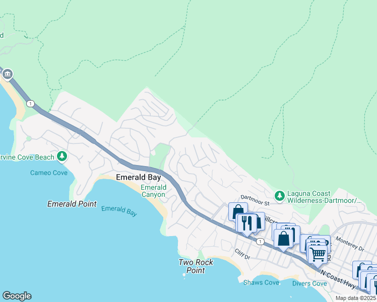 map of restaurants, bars, coffee shops, grocery stores, and more near 349 Emerald Bay in Laguna Beach