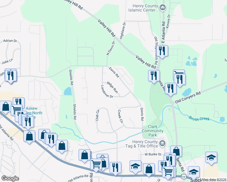 map of restaurants, bars, coffee shops, grocery stores, and more near 205 Ridge Run in Stockbridge