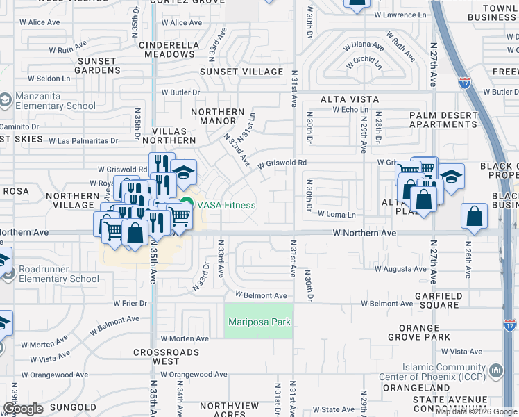 map of restaurants, bars, coffee shops, grocery stores, and more near 8056 North 32nd Drive in Phoenix